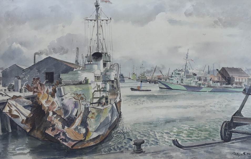 Roland Vivian Pitchforth (1895 -1982), watercolour and ink, 'Torpedoed frigate', signed and dated '44, National War Pictures label verso, 50 x 78cm